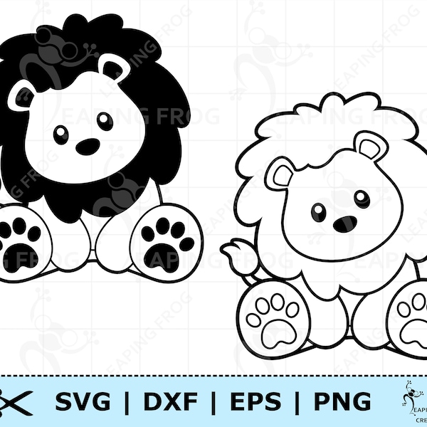 Lion mignon SVG. Coloriage de lion. Lion PNG. Fichiers de coupe Cricut, Silhouette. DXF. pdf. Svg de contour de lion. Lion pochoir svg. Clipart de lion.