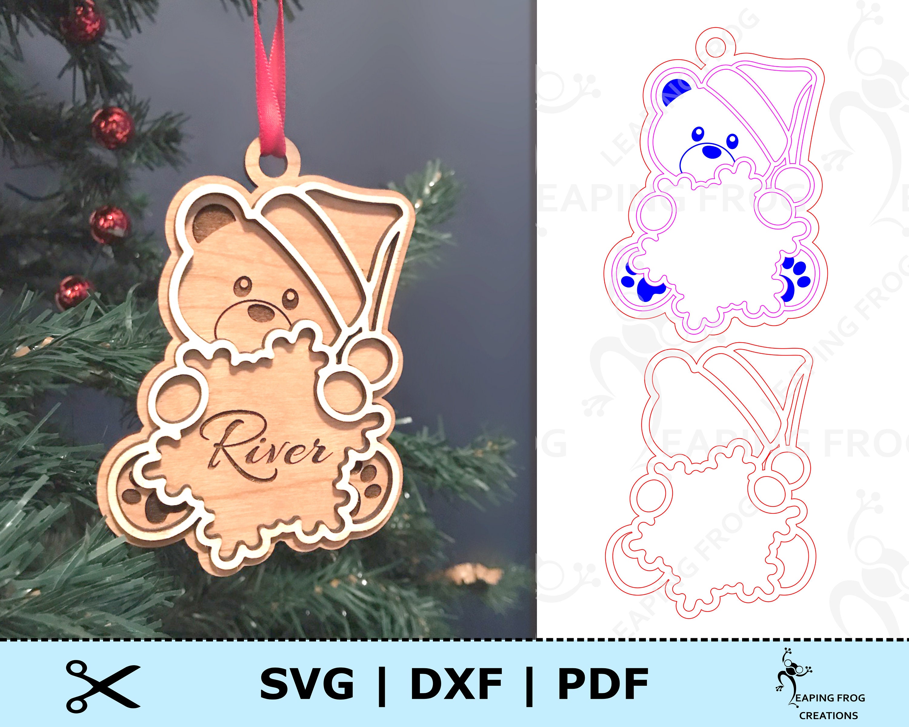 Layered Teddy Ornament SVG File Glowforge Cut File Dangle Laser Cut Tree Decor