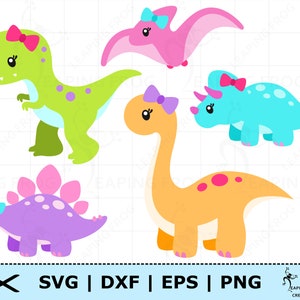 女の子の恐竜 SVG バンドル。Cricut カット ファイル、レイヤー化。シルエット。DXF、PNG、eps。ピンク、紫、リボン、セット。ステゴサウルス、ブロントサウルス、T レックス。