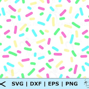 May include: A seamless pattern of colorful sprinkles on a white background. The sprinkles are in various shades of pink, blue, green, and yellow.