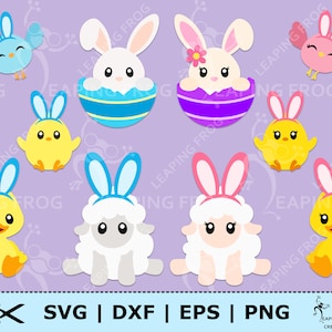 May include: A set of nine Easter-themed digital clipart images. The images include a blue bird, a white bunny with blue and purple Easter eggs, a yellow chick, a white lamb, a pink bunny, a yellow duck, and a pink bird. The images are perfect for creating Easter cards, invitations, and other crafts.