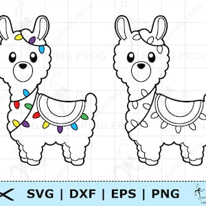 May include: A black and white line art illustration of a llama wearing a festive garland of Christmas lights. The llama is standing on all four legs with its head facing forward. The llama has a small, round nose and large, round eyes.