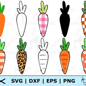 May include: Ten carrot illustrations with diverse designs. The carrots showcase solid colours, patterns such as plaid and leopard print, and outlines. Each carrot has green leafy tops. Ideal for Easter or spring-themed projects, these designs are suitable for various creative uses.