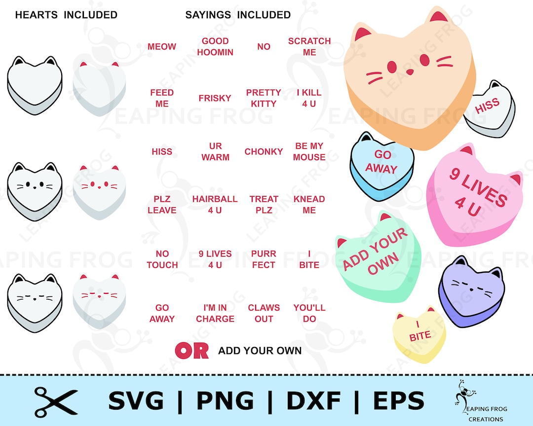CAT Candy Hearts SVG. PNG. Mix & Match Cricut Cut Files, Silhouette