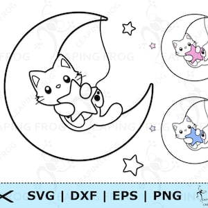 Kat op maan SVG. PNG. Cricut gesneden bestanden, silhouet. Sjabloon, overzicht. Kitten slapen, sterren, schattig. Kinderopvang. DXF, eps. Directe download