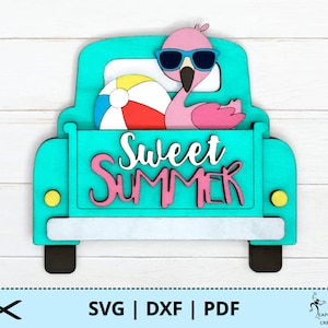 Zomer vrachtwagen SVG. Laserbestanden, Glowforge, enz. Flamingo, strandbal, vintage, antiek, pick-up, schattig! DXF, PDF, direct downloaden!