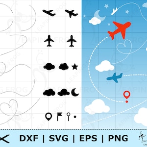 May include: A digital design file for a travel themed craft project. The design includes a plane, clouds, stars, a moon, and a pin. The design is shown on a blue background with white dashed lines.
