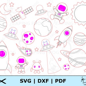Planeten SVG. Für Laserernutzer, Glowforge usw. Weltraum, Sonnensystem, Erde, Saturn, Ufos, Astronauten, Raketen, Mond, DXF, PDF, Stencil
