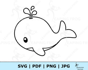 Cute Whale Coloring Page JPG PDF SVG png. Whale Clipart. Digital download /  Vector. Black and White Outline. Whale Coloring page svg