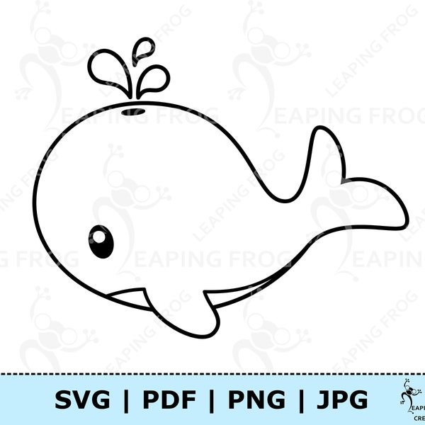 Cute Whale Coloring Page JPG PDF SVG png. Whale Clipart. Digital download /  Vector. Black and White Outline. Whale Coloring page svg