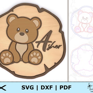 Teddybär-Laser-Zeichen SVG. Glowforge getestet. Zootiere, Rund, Disk, Kinderzimmerdeko. Anpassen, Personalisieren mit Namen. Sofortdownload!