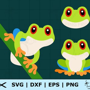 May include: A digital illustration featuring three cartoon frogs. The frogs are green with red eyes, orange feet, and blue accents. One frog is perched on a green stem. The image includes the text "SVG | DXF | EPS | PNG".