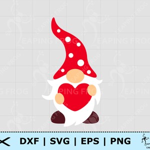 May include: A digital illustration of a gnome holding a red heart. The gnome has a white beard, tan skin, and a red hat with white polka dots. The image includes the text "DXF | SVG | EPS | PNG".