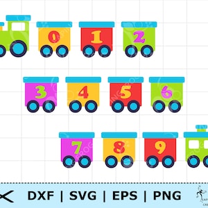 Puede incluir: Un tren de juguete colorido con vagones numerados. La locomotora es verde con una chimenea y ruedas negras. Los vagones son amarillos, rojos, verdes, rosas y azules con los números del 0 al 9.