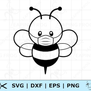 May include: A black and white line drawing of a cartoon bee wearing a face mask. The bee has large eyes and a round body with black and white stripes.