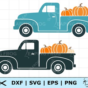 May include: A teal blue pickup truck with a white bed carrying a stack of orange pumpkins. The truck has black wheels and a white outline. A black silhouette of the same truck is shown below, also carrying pumpkins.