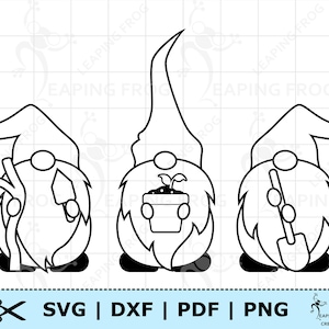 May include: Three black and white line art gnomes with different accessories. The gnome on the left is holding a stick, the gnome in the middle is holding a potted plant, and the gnome on the right is holding a shovel.