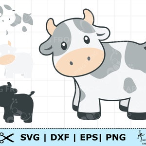 Koe SVG PNG DXF. Digitaal downloaden. Cricut, silhouet snijden bestanden. Leuke cartoonkoe. Gelaagde bestanden. Leuk voor op de kinderkamer of babyshower. Clip art.