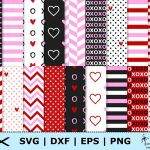 Könnte beinhalten: Eine Sammlung digitaler Papiere zum Valentinstag. Die Muster umfassen Punkte, Streifen, Zickzackmuster, Herzen und den Text "OXOXO". Die Farbpalette umfasst Rot, Schwarz, Weiß und Rosa. Das Bild enthält auch den Text "SVG | DXF | EPS | PNG".