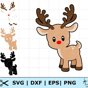May include: A cartoon reindeer illustration with brown antlers, a red nose, and a light brown body. The image includes several reindeer variations and the text "SVG | DXF | EPS | PNG".