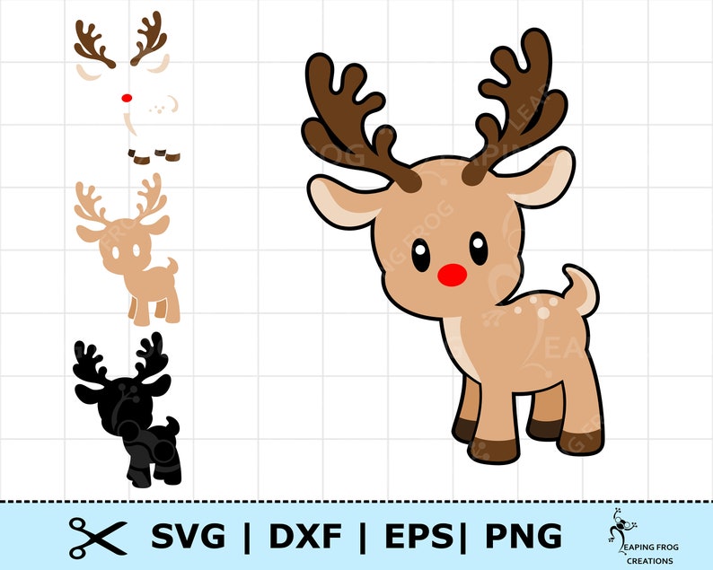 May include: A cartoon reindeer illustration with brown antlers, a red nose, and a light brown body. The image includes several reindeer variations and the text "SVG | DXF | EPS | PNG".