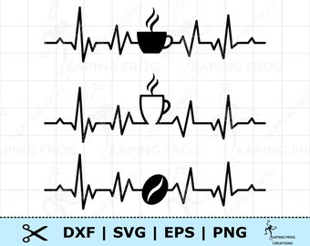 コーヒー EKG SVG dxf。コーヒー カップ EKG。コーヒー ekg svg。コーヒー ハートビート svg。Cricut カット ファイル。レイヤー化。シルエット。コーヒー カップのダウンロード。豆。
