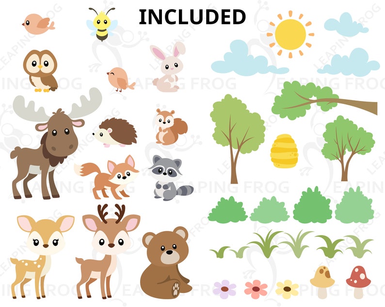 May include: A set of woodland animal illustrations, including a moose, deer, bear, squirrel, raccoon, fox, hedgehog, owl, bird, bee, and a sun with clouds. There are also trees, bushes, grass, flowers, mushrooms, and a honeycomb.