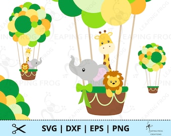May include: A digital clipart design featuring a hot air balloon with a green, yellow, and orange color scheme. The balloon is carrying a giraffe, an elephant, and a lion. The design is perfect for creating invitations, party decorations, or other craft projects.