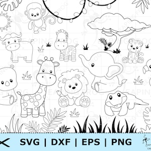 Dschungeltiere SVG. PNG. Outline, Schablone. Cricut Dateien, Silhouette-Dateien. Safari, Bündel, Set. DXF, eps. Bäume, sofort download!