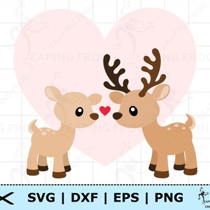 May include: Two cartoon deer, one with antlers, are facing each other with a small red heart between them. They are standing in front of a pink heart shape on a white and pink checkered background.