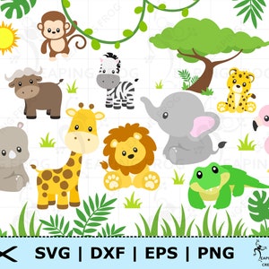 Animales de la selva SVG. PNG. Archivos de corte Cricut, archivos en capas. Archivos de silueta. Safari, paquete, conjunto. DXF, eps. Helechos, árboles. ¡Descarga instantánea!