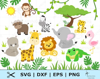 May include: A set of ten colorful cartoon animal illustrations, including a giraffe, a zebra, a rhino, a lion, a monkey, a hippo, an elephant, a crocodile, a flamingo, and a leopard. The animals are all in a jungle setting with green leaves and vines.
