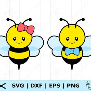 May include: Two cartoon bees, one with a pink bow and the other with a blue bow tie. The bees are yellow with black stripes and have blue wings.
