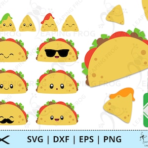 Tacos SVG. PNG. Archivos de corte Cricut, en capas. Archivos de silueta. Chips, caras, salsa, comida mexicana, lindo, divertido DXF eps Descarga instantánea.