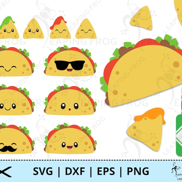 Tacos SVG. PNG. Cricut cut files, layered. Silhouette files. Chips, faces, salsa, Mexican food, cute, funny DXF eps Instant download.