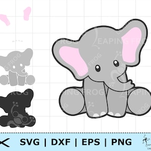 May include: A grey elephant with pink ears sitting on its bottom. The elephant has a small trunk and big eyes. The elephant is a digital cut file for crafting projects.
