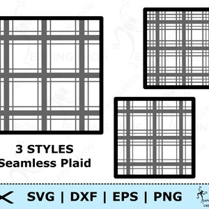 May include: Three different styles of seamless plaid patterns in black and white. The patterns are in square shapes with a black outline.