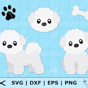 Schattige puppy-SVG. PNG. Hond, Bichon Frise. Cricut gesneden bestanden, gelaagde bestanden. Silhouet. Wit, flikkerig, donzig. Bundel, set. Directe download.