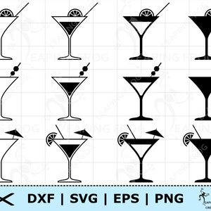 May include: A set of ten black and white martini glass SVG cut files. The glasses are shown with various garnishes, including olives, cherries, and citrus slices.