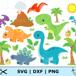 Paquete SVG de dinosaurio. Archivos de corte Cricut, en capas. Silueta. Dinosaurio DXF. Dinosaurio SVG. ¡Bebés dinosaurios en huevos, palmeras, volcán, etc.!