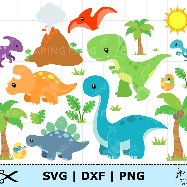 Dinosaur SVG bundle. Cricut cut files, layered. Silhouette. Dinosaur DXF. Dinosaur SVG. Baby Dinosaurs in Eggs, Palm Trees, Volcano, etc!