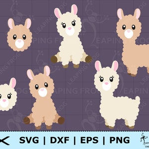 May include: A set of five digital cut files featuring cute cartoon llamas in various poses. The llamas are brown and white with fluffy fur and big eyes. The files are in SVG, DXF, EPS, and PNG formats.