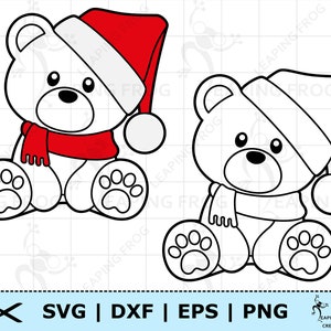 Teddybär SVG. PNG. Cricut Cut Files, Silhouette, Dateien mit Ebenen. Weihnachten. Babybär. Niedliche, Nikolausmütze. DXF, eps. Sofortdownload!