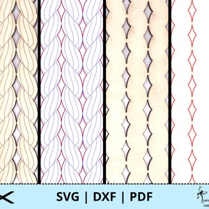 May include: Four different designs for a knitted pattern, shown in black and white, with a wood grain background. The designs are shown in a repeating pattern, with the first design being a cable knit, the second a basket weave, the third a diamond pattern, and the fourth a simple diamond pattern.