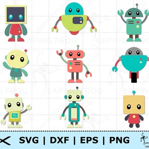 May include: Set of ten colourful robot illustrations in various poses. The robots are in shades of red, blue, green, yellow, and grey. The robots have antennas, eyes, and arms.