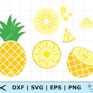 May include: A set of six pineapple SVG cut files. The files include a whole pineapple, a pineapple slice, a pineapple half, and three pineapple rings. The pineapple is yellow with a green top and a white grid pattern.