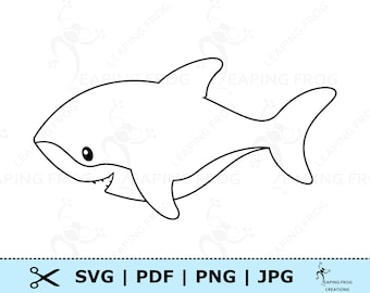 Cute Shark SVG. Cricut cut, layered files. Silhouette, Cameo. Vector. Black and White Outline. Baby Animal coloring page. Stencil, Outline.