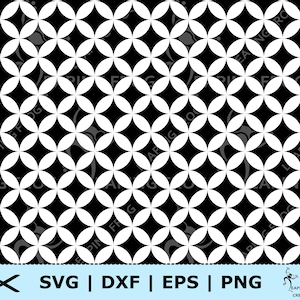 Può includere: Un motivo geometrico bianco e nero con cerchi e rombi ripetuti. Il motivo è senza cuciture e può essere utilizzato per una varietà di progetti, come tessuti, carta da parati o carta da regalo.