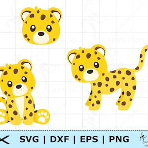 Puede incluir: Tres imágenes de clipart digital de un guepardo de dibujos animados. Una imagen muestra una cabeza de guepardo, otra muestra un guepardo sentado y la tercera muestra un guepardo de pie.