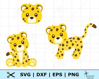 May include: Three digital clipart images of a cartoon cheetah. One image shows a cheetah head, another shows a cheetah sitting down, and the third shows a cheetah standing up.